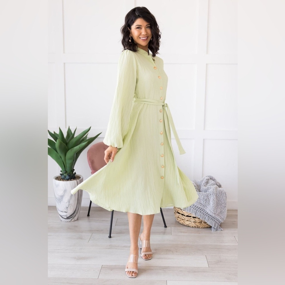Sunday Up Mint Green Button-Front Midi Dress with Tie Waist